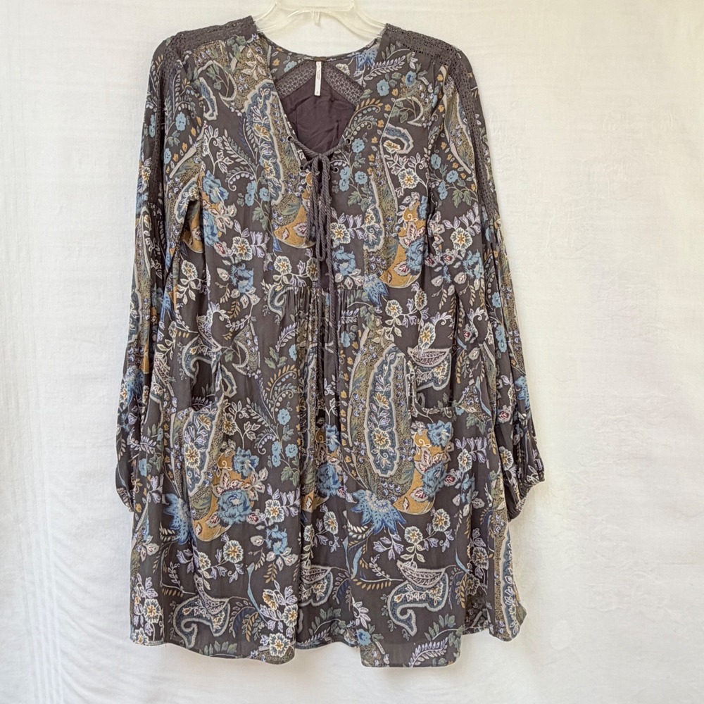 Free People Tunic Dress Womens Small Brown Paisley Floral Boho Party Fairy